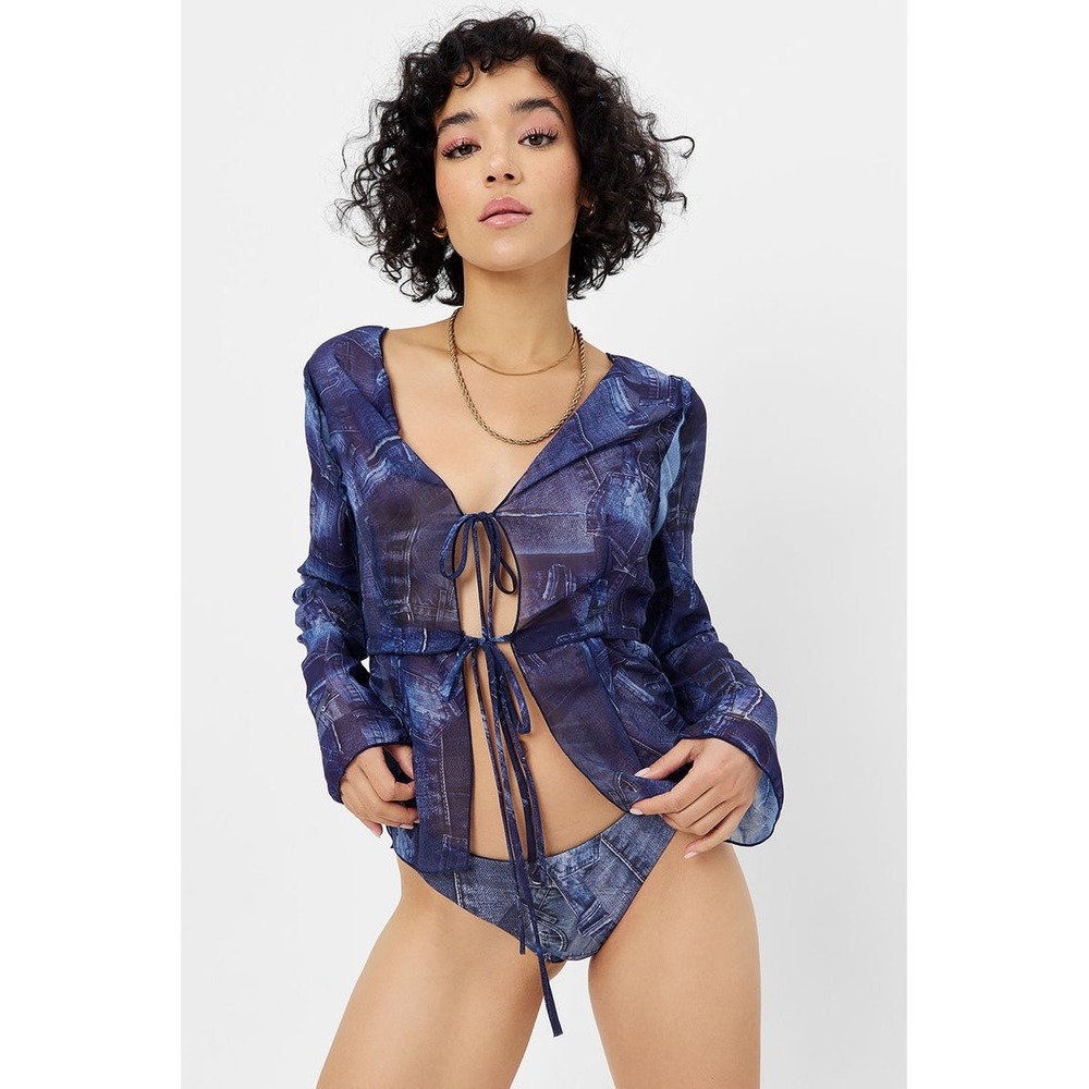 Frankies Bikinis Molly Long Sleeve Shirt in Blue Jean Print Mesh Tie Front Top S - Picture 3 of 9